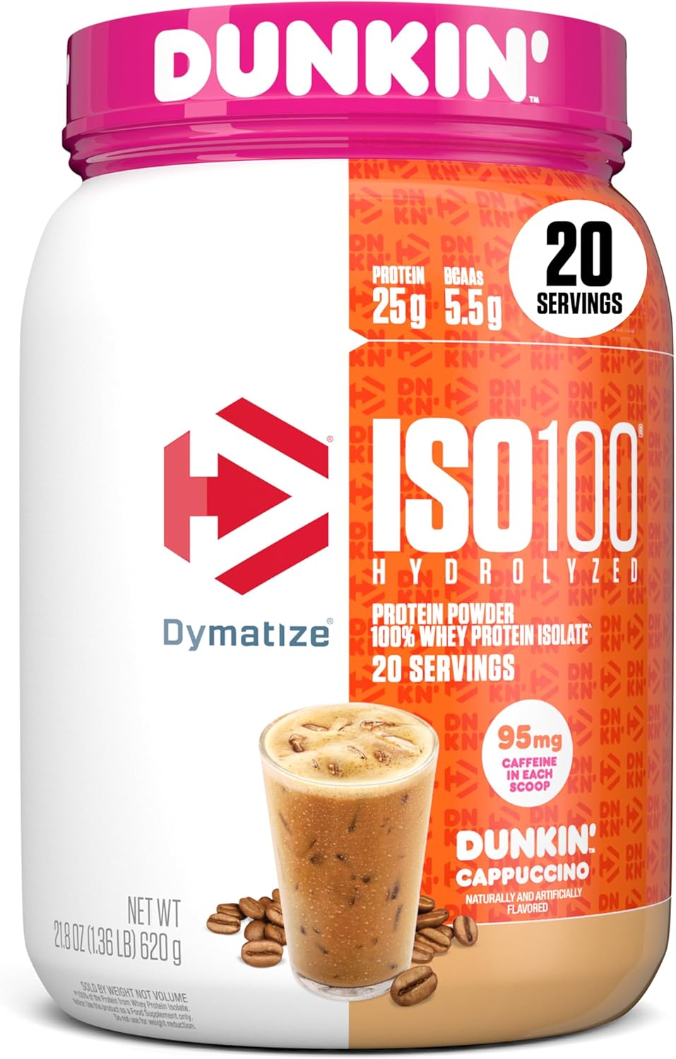 پودر پروتئین وی ایزوله دایماتایز مدل ISO100، ۲۵ گرم پروتئین در هر سروینگ، ۶۳۵ گرم، طعم کاپوچینو دانکین