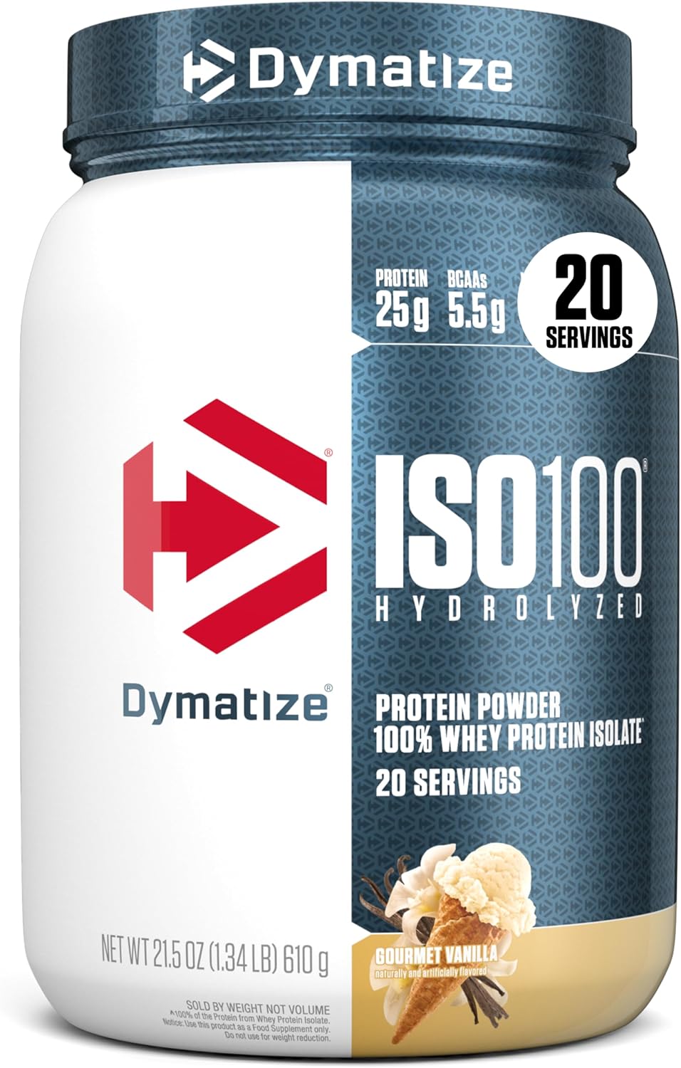 پودر پروتئین وی ایزوله دایماتایز مدل ISO 100، ۲۵ گرم پروتئین در هر سروینگ، ۶۱۰ گرم، طعم وانیل گورمت