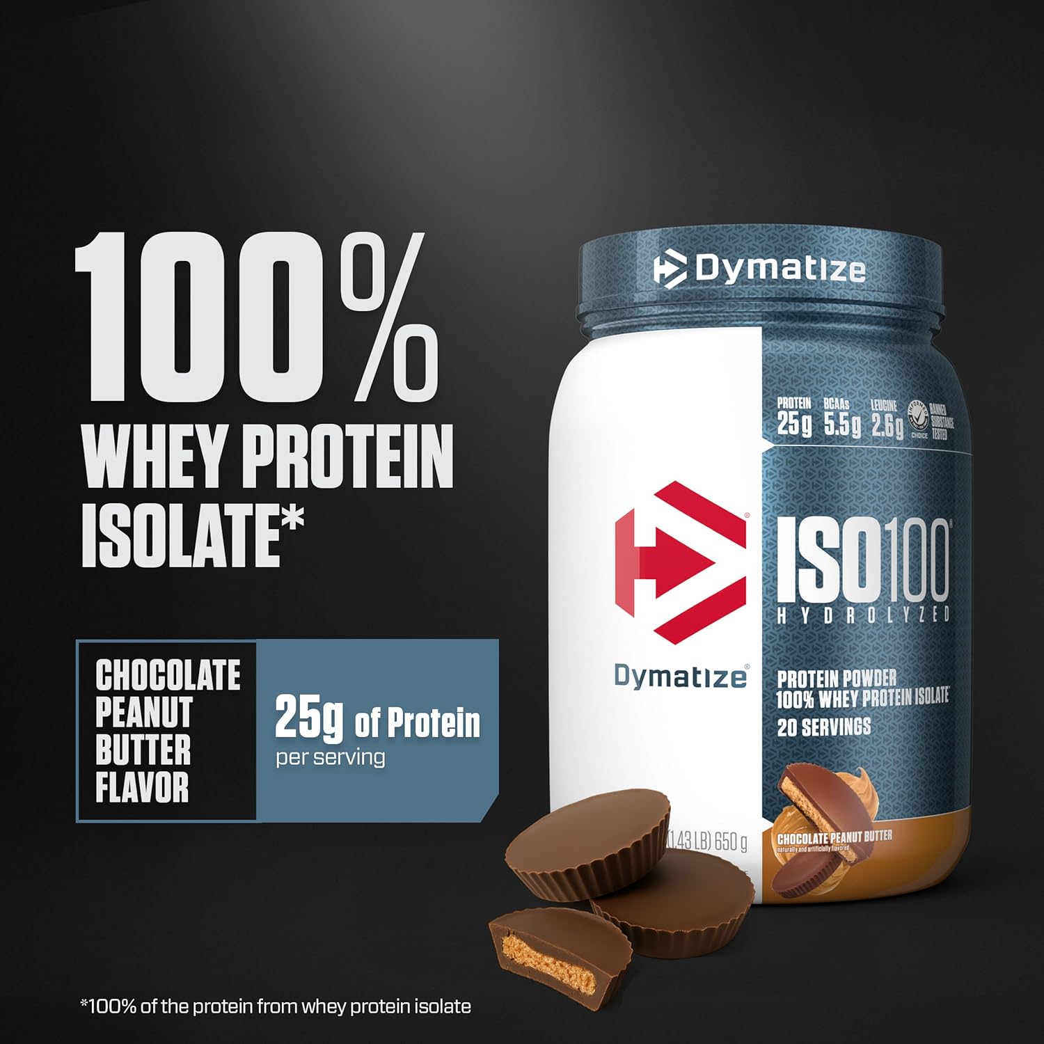 پودر پروتئین وی ایزوله دایماتایز مدل ISO 100، ۶۵۰ گرم، ۲۰ سروینگ، طعم شکلاتی