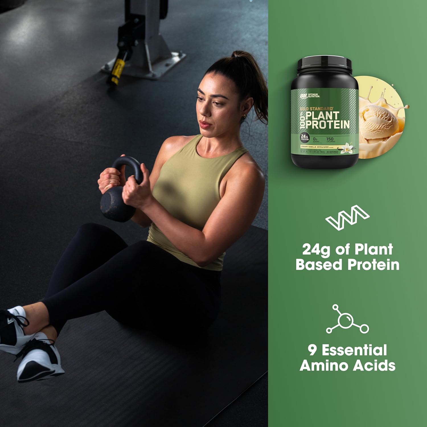پودر پروتئین گیاهی اپتیموم نوتریشن مدل Gold Standard 100% Plant Based، ۲۴ گرم پروتئین در هر سروینگ، ۷۴۰ گرم، طعم وانیل خامه‌ای