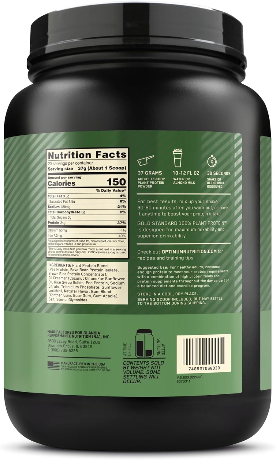 پودر پروتئین گیاهی اپتیموم نوتریشن مدل Gold Standard 100% Plant Based، ۲۴ گرم پروتئین در هر سروینگ، ۷۴۰ گرم، طعم وانیل خامه‌ای