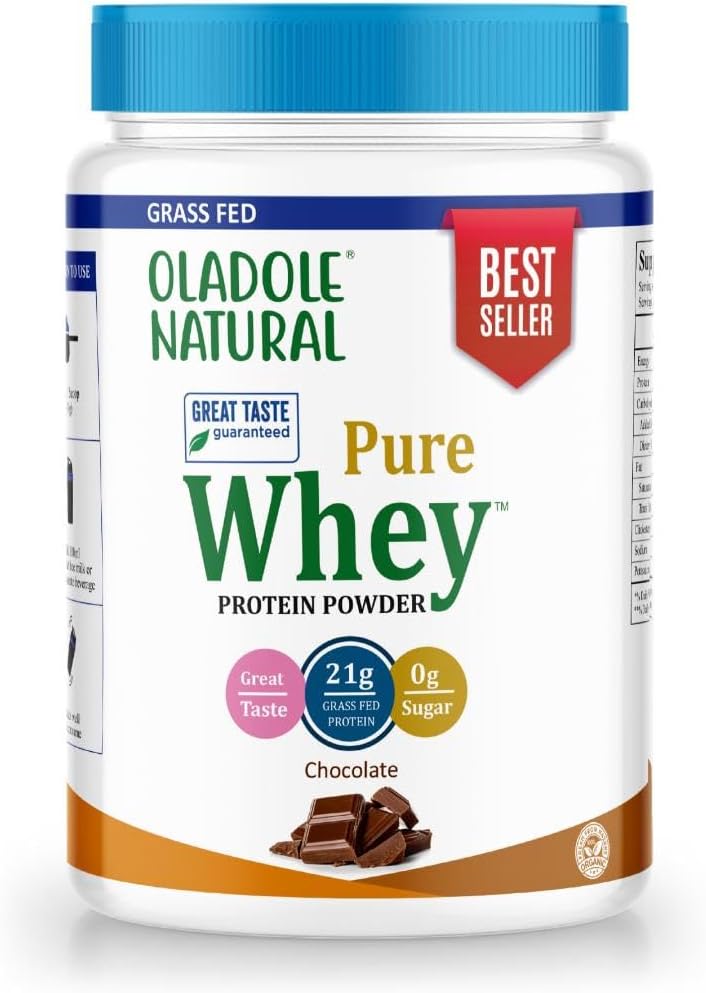 پودر پروتئین وی ایزوله اولادول نچرال مدل Organic Grass Fed 100% Whey، ۲۱ گرم پروتئین، بدون شکر افزوده، ۸۲۰ گرم و طعم شکلات