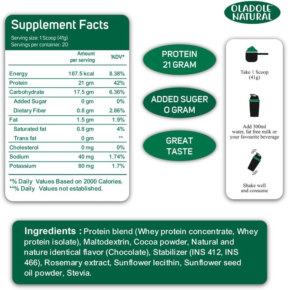 پودر پروتئین وی ایزوله اولادول نچرال مدل Organic Grass Fed 100% Whey، ۲۱ گرم پروتئین، بدون شکر افزوده، ۸۲۰ گرم و طعم شکلات