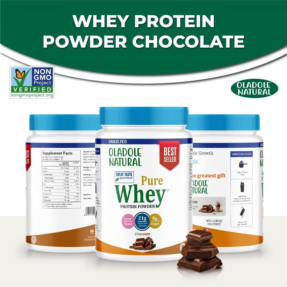 پودر پروتئین وی ایزوله اولادول نچرال مدل Organic Grass Fed 100% Whey، ۲۱ گرم پروتئین، بدون شکر افزوده، ۸۲۰ گرم و طعم شکلات