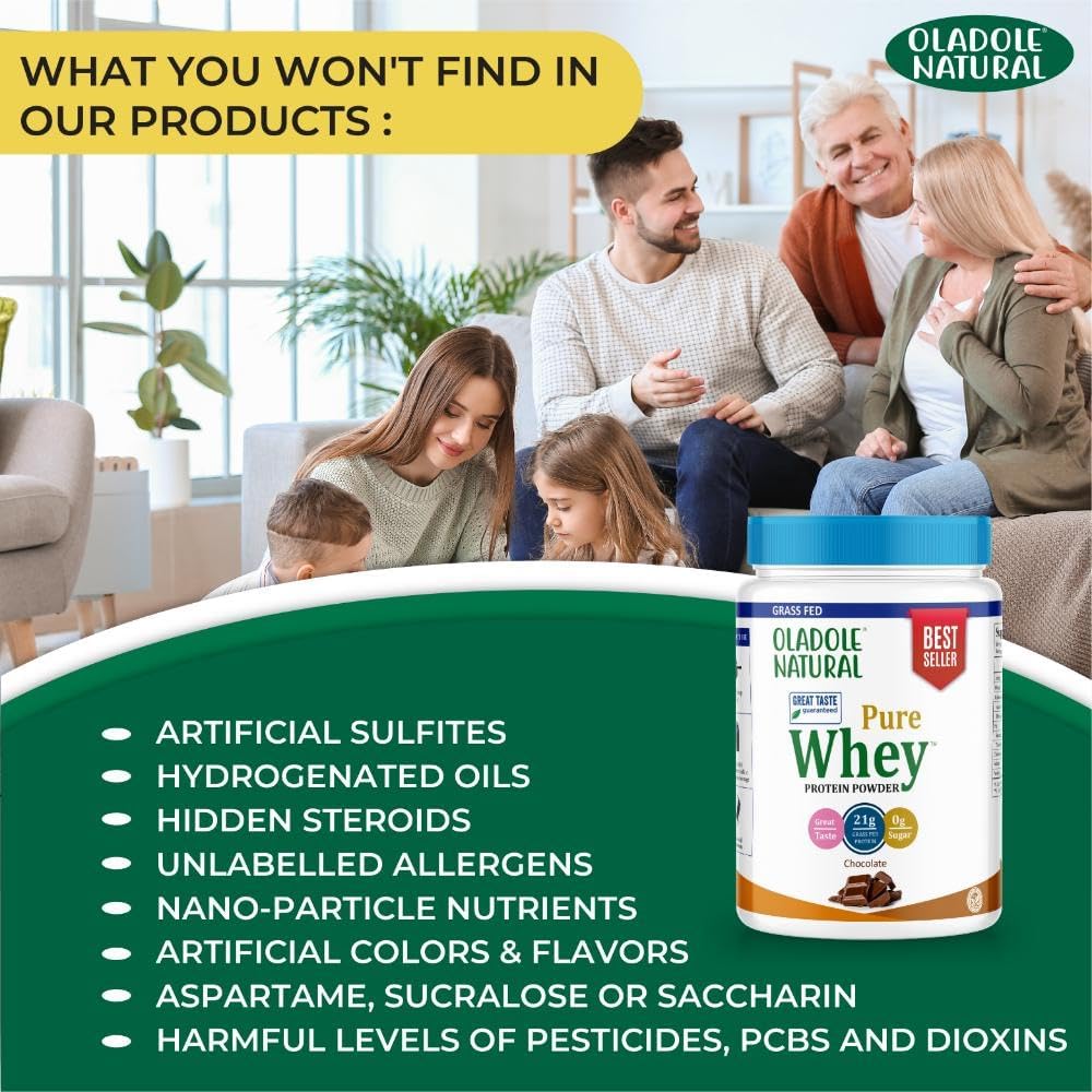 پودر پروتئین وی ایزوله اولادول نچرال مدل Organic Grass Fed 100% Whey، ۲۱ گرم پروتئین، بدون شکر افزوده، ۸۲۰ گرم و طعم شکلات