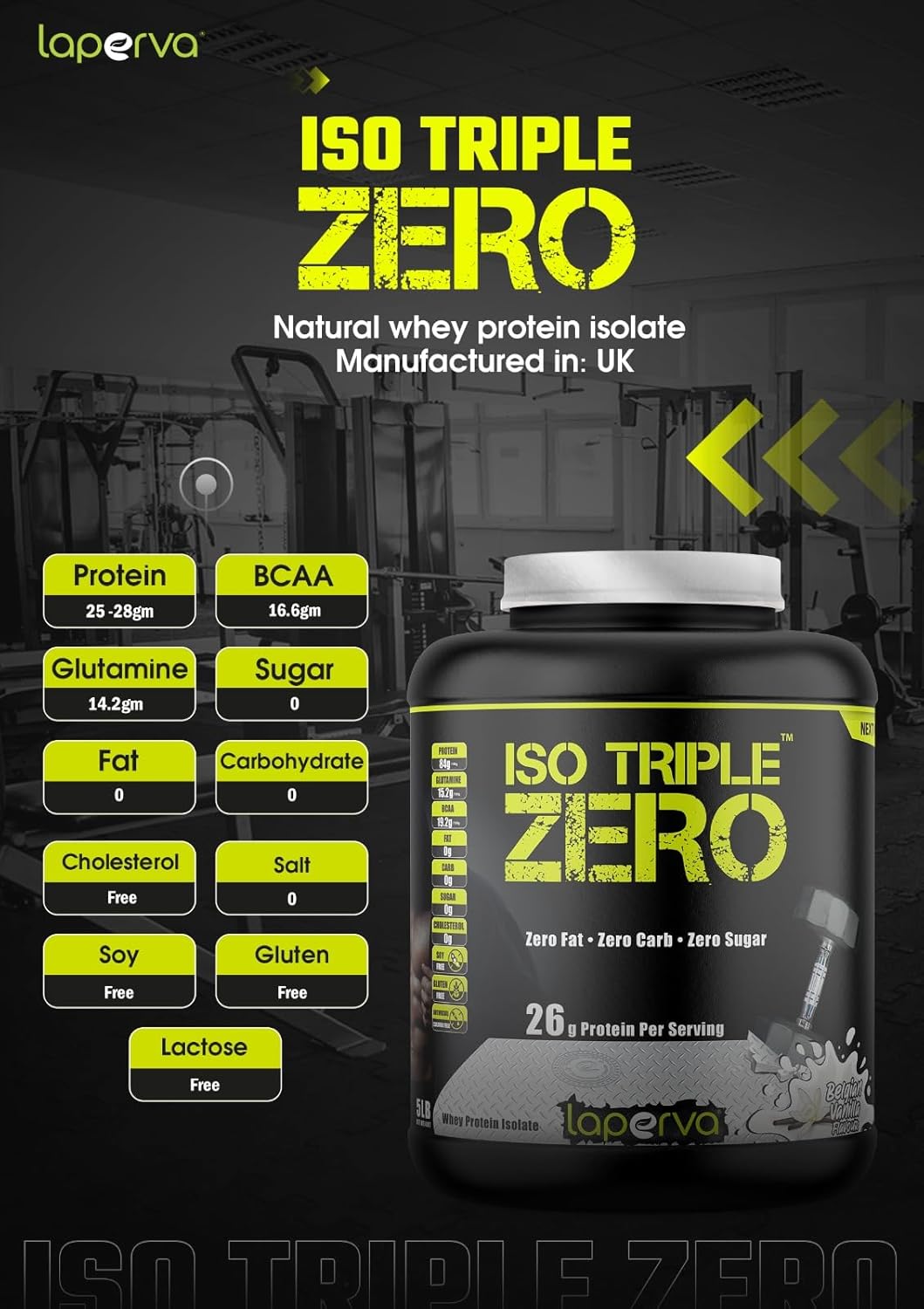 پودر پروتئین وی ایزوله لاپروا مدل ISO Triple Zero، ۲۷ گرم پروتئین در هر سروینگ، ۱٫۸۱ کیلوگرم، طعم شکلاتی