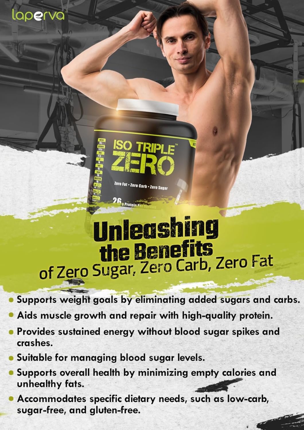 پودر پروتئین وی ایزوله لاپروا مدل ISO Triple Zero، ۲۷ گرم پروتئین در هر سروینگ، ۱٫۸۱ کیلوگرم، طعم شکلاتی