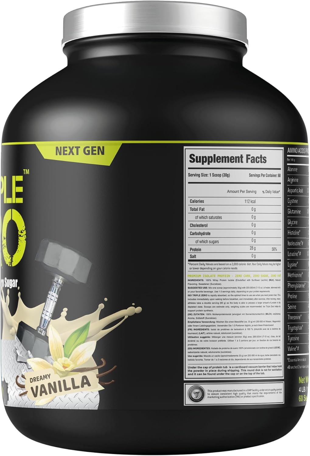 پودر پروتئین وی ایزوله لاپروا مدل Iso Triple Zero، ۱٫۸۱ کیلوگرم، طعم وانیلی، حاوی BCAA