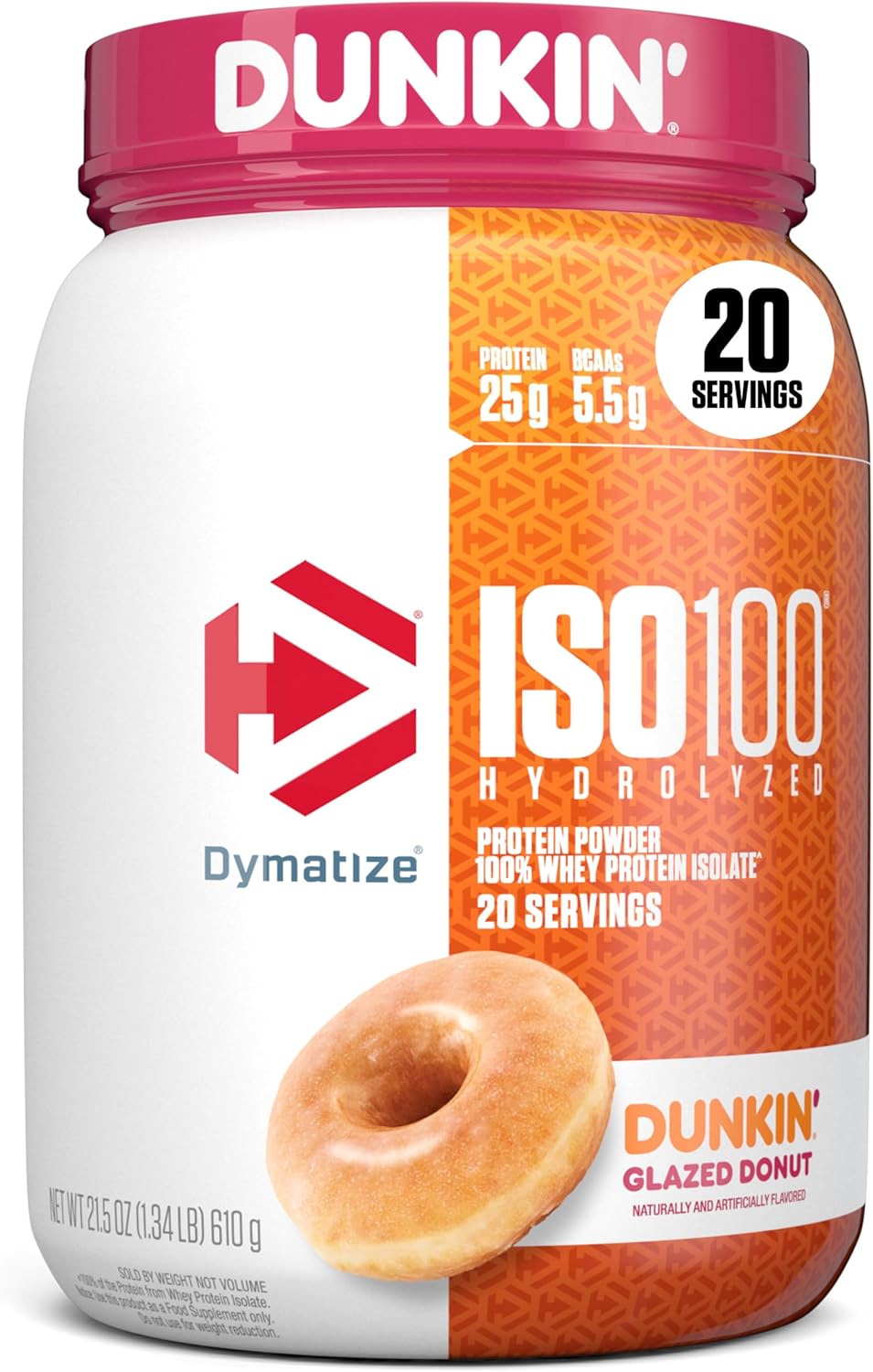 پودر پروتئین وی ایزوله دایماتایز مدل ISO100، ۲۰ سروینگ، طعم دونات گلیزد دانکین، بدون گلوتن