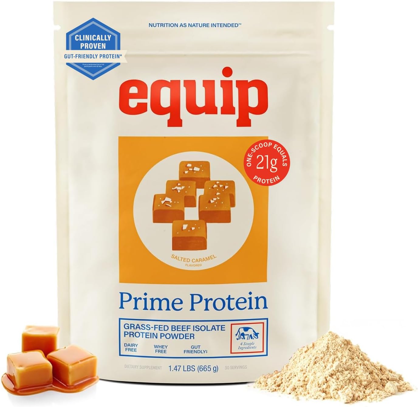 پودر پروتئین بیف ایزوله اکوییپ مدل Prime Protein، ۶۶۷ گرم، طعم کارامل نمکی، بدون گلوتن