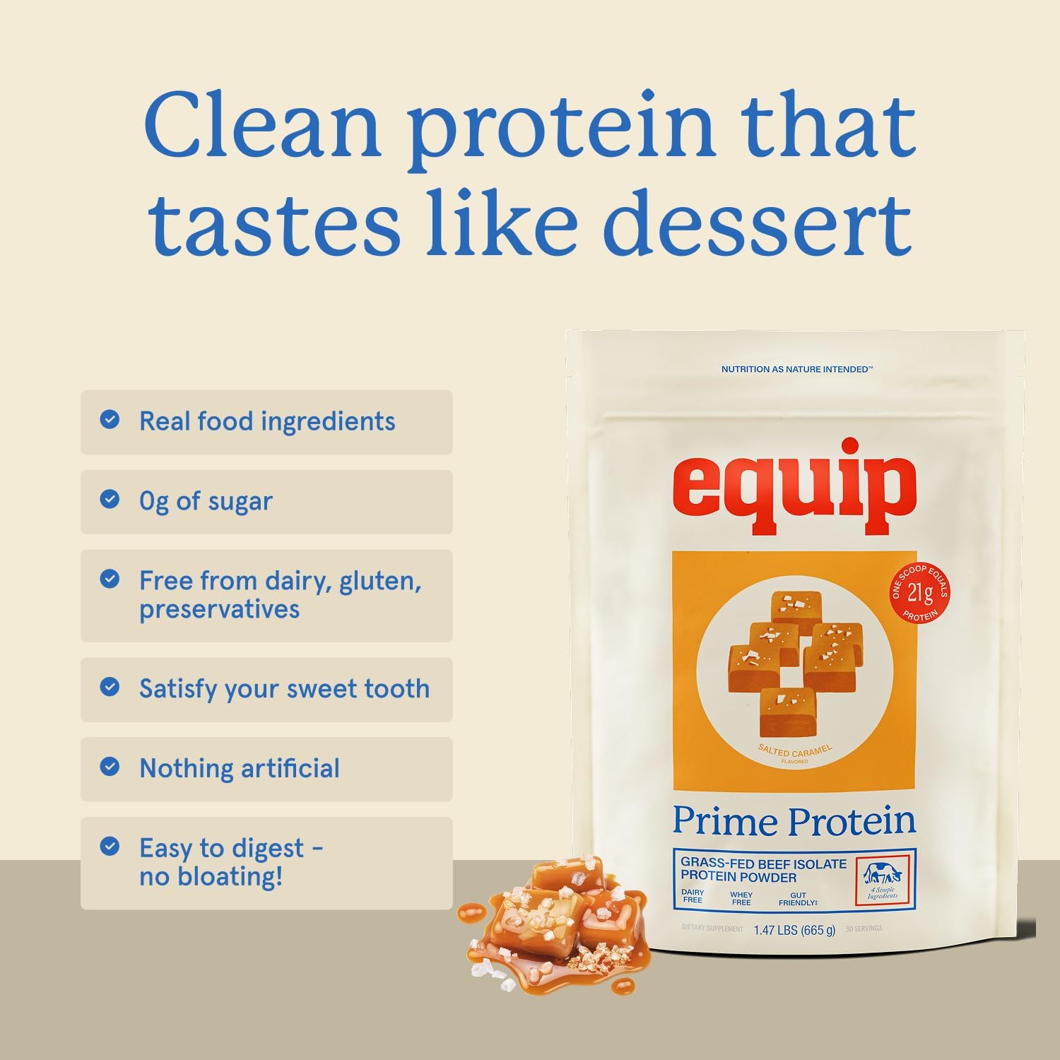پودر پروتئین بیف ایزوله اکوییپ مدل Prime Protein، ۶۶۷ گرم، طعم کارامل نمکی، بدون گلوتن