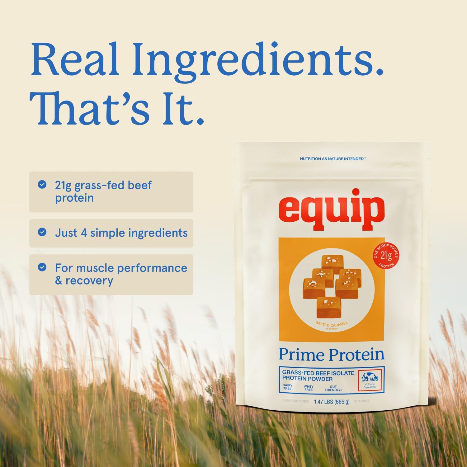 پودر پروتئین بیف ایزوله اکوییپ مدل Prime Protein، ۶۶۷ گرم، طعم کارامل نمکی، بدون گلوتن