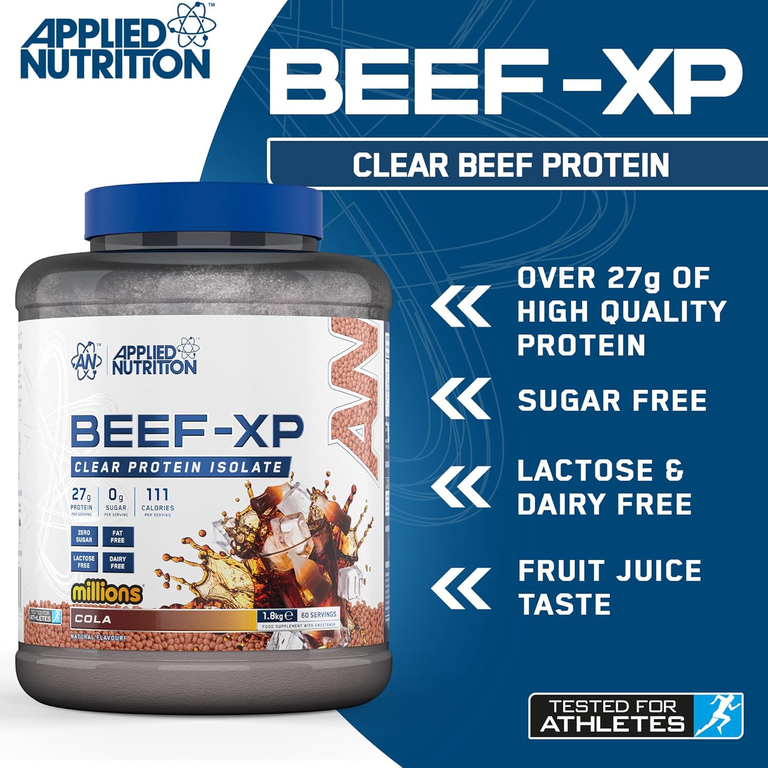 پودر پروتئین بیف ایزوله اپلاید نوتریشن مدل Beef XP، ۱٫۸ کیلوگرم، طعم کولا میلیونز، بدون شکر
