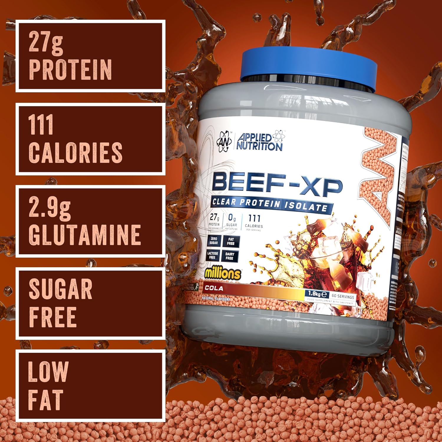 پودر پروتئین بیف ایزوله اپلاید نوتریشن مدل Beef XP، ۱٫۸ کیلوگرم، طعم کولا میلیونز، بدون شکر