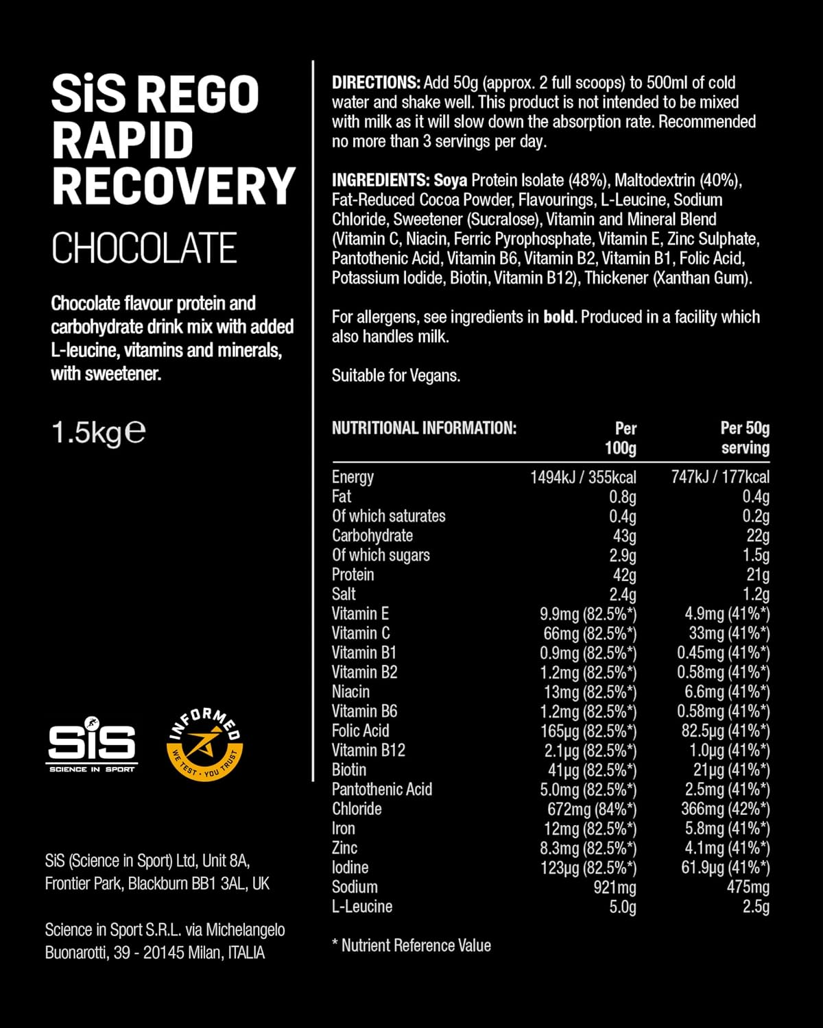 پودر پروتئین گیاهی ساینس این اسپرت مدل Rego Rapid Recovery، ۱٫۵ کیلوگرم، ۳۰ سروینگ، طعم شکلاتی