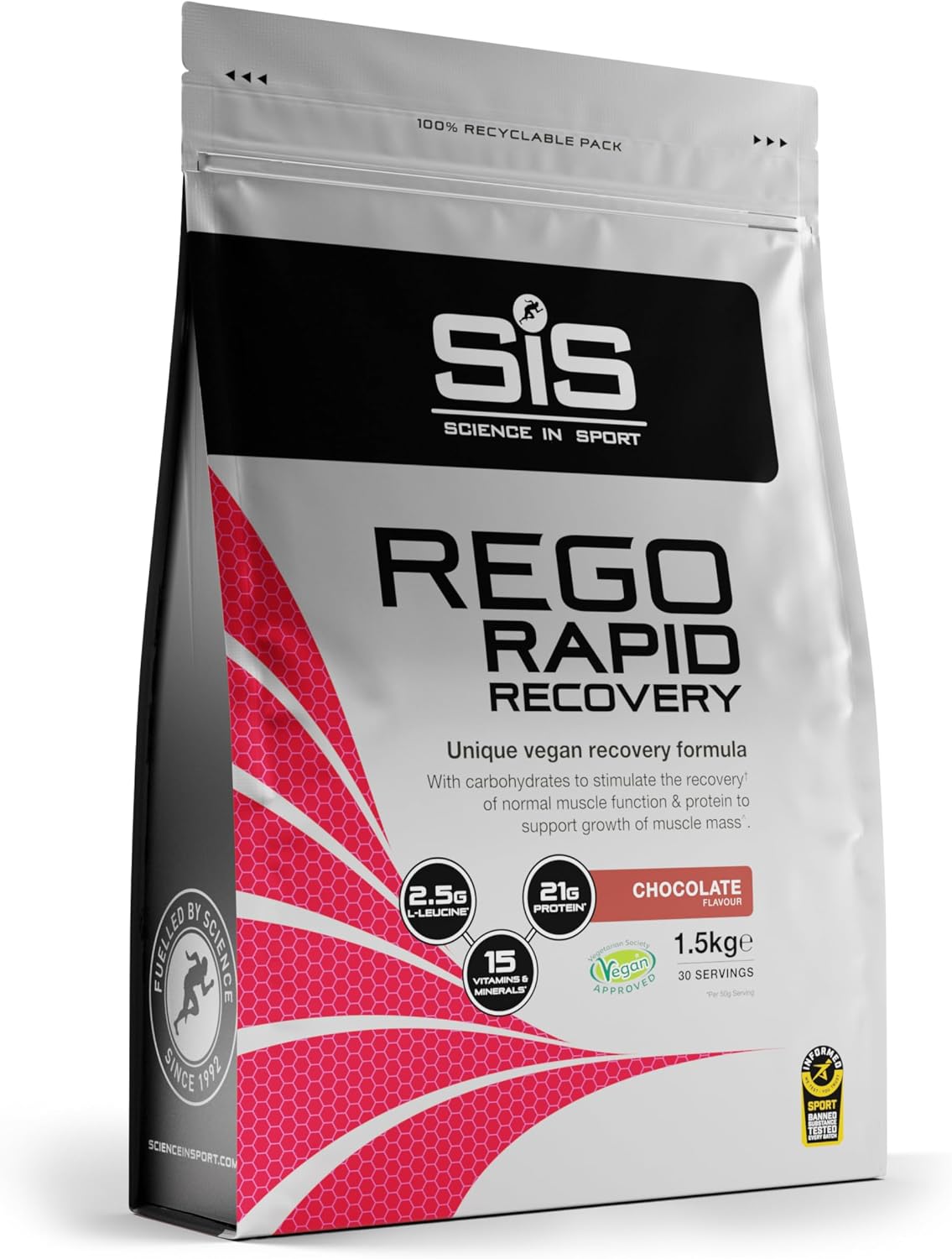 پودر پروتئین گیاهی ساینس این اسپرت مدل Rego Rapid Recovery، ۱٫۵ کیلوگرم، ۳۰ سروینگ، طعم شکلاتی