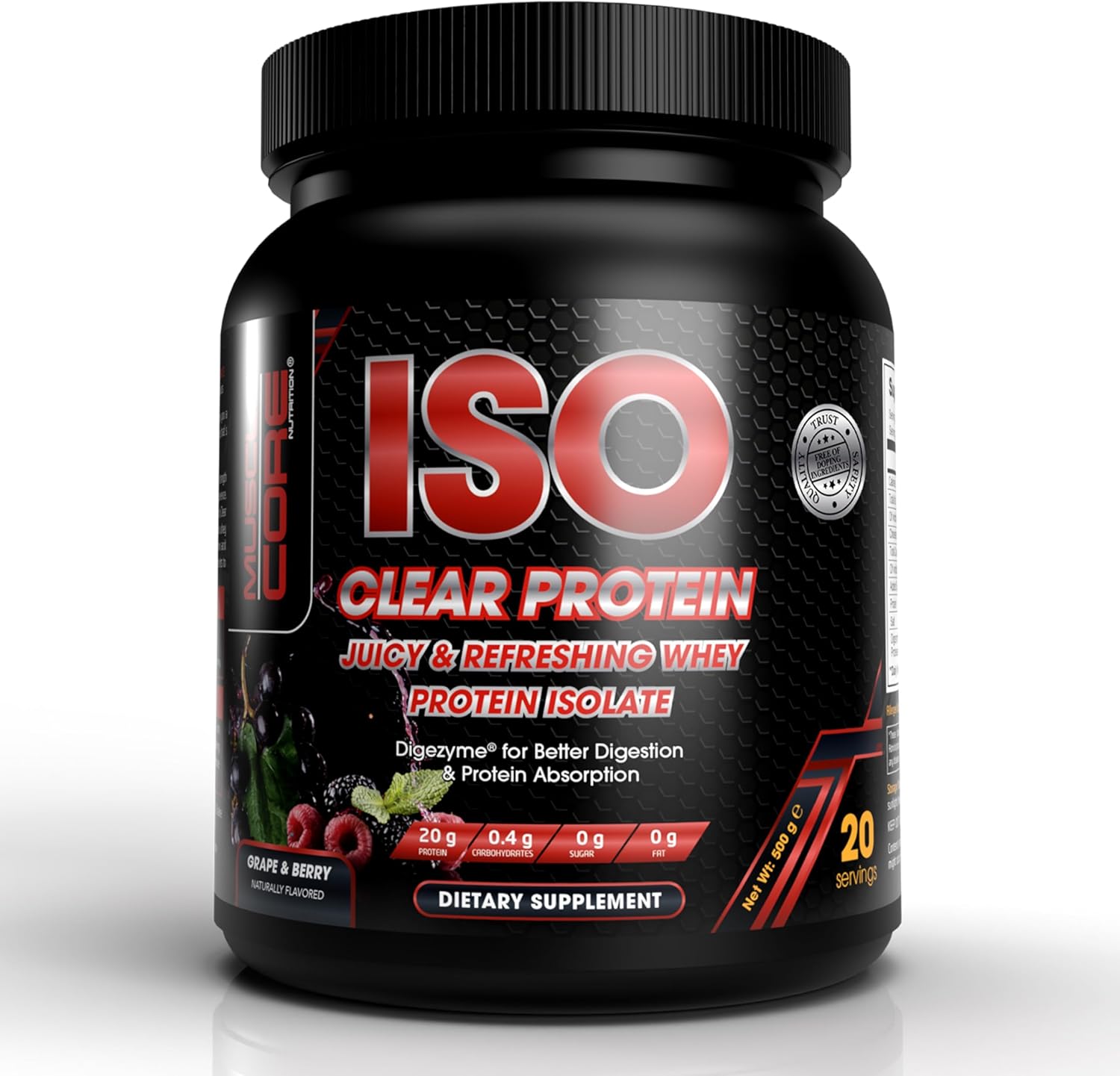 پودر پروتئین کلیر وی ایزوله ماسل کور نوتریشن مدل Clear Whey Isolate، ۲۰ گرم پروتئین در هر سروینگ، ۵۰۰ گرم، طعم بری