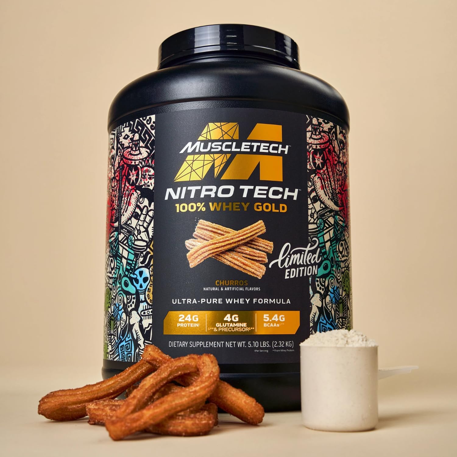 پودر پروتئین وی ماسلتک مدل Nitro-Tech، ۲٫۳۲ کیلوگرم، طعم چوروس، حاوی BCAA