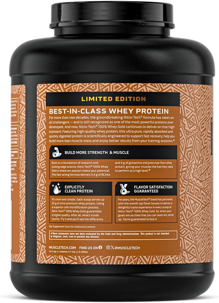 پودر پروتئین وی ایزوله ماسلتک مدل Nitro-Tech Whey Gold، ۲٫۲۷ کیلوگرم، طعم دولسه د لچه، حاوی BCAA