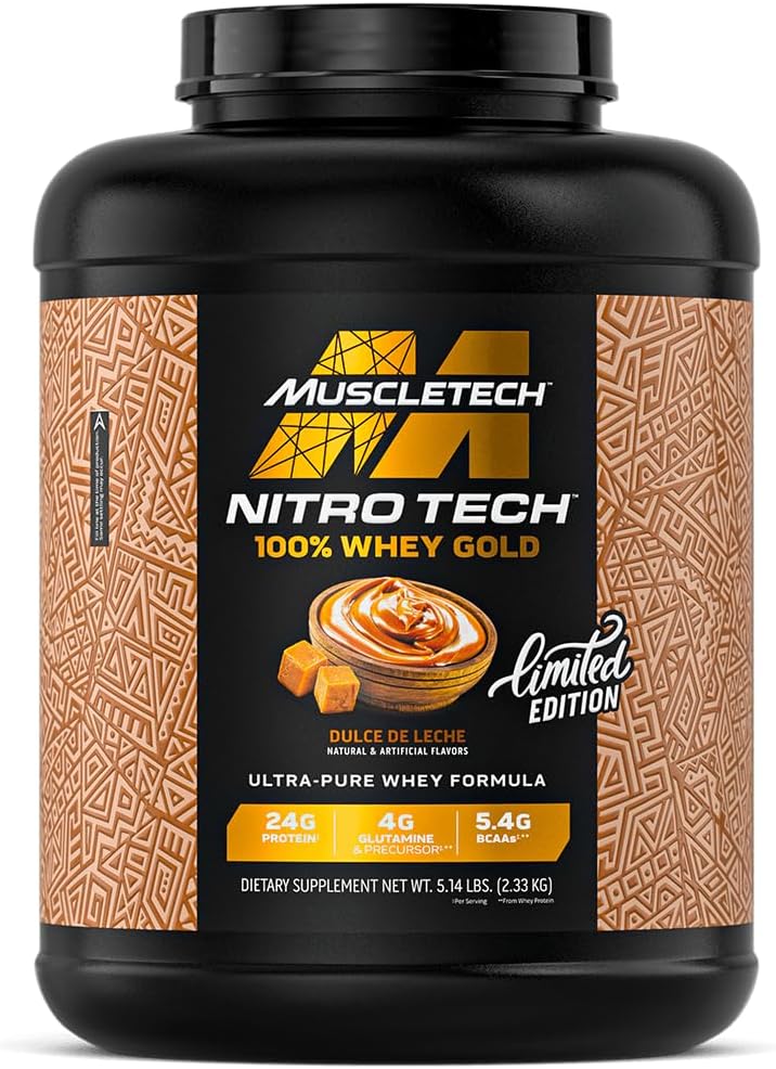 پودر پروتئین وی ایزوله ماسلتک مدل Nitro-Tech Whey Gold، ۲٫۲۷ کیلوگرم، طعم دولسه د لچه، حاوی BCAA