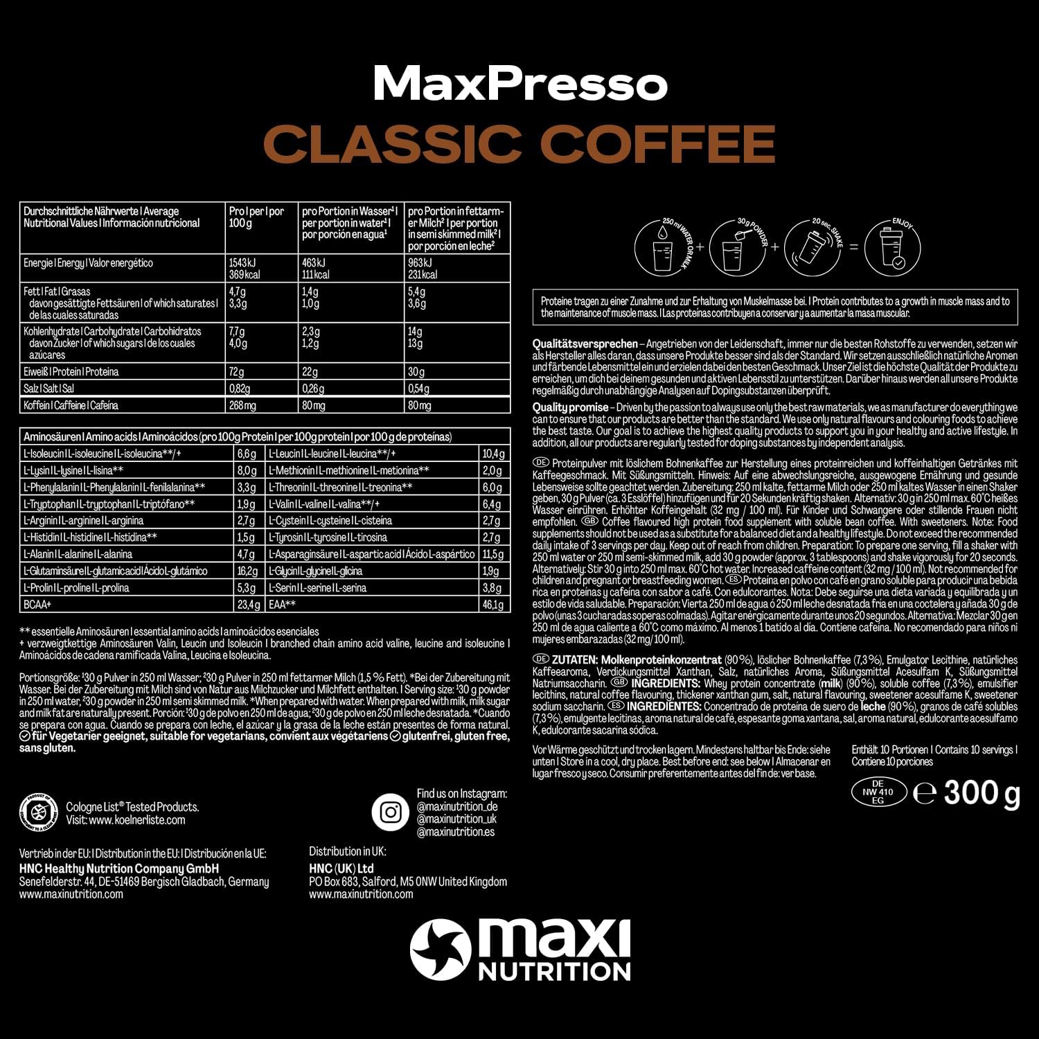 پودر پروتئین وی مکسی نوتریشن مدل MaxPresso، ۱۰ سروینگ، طعم قهوه