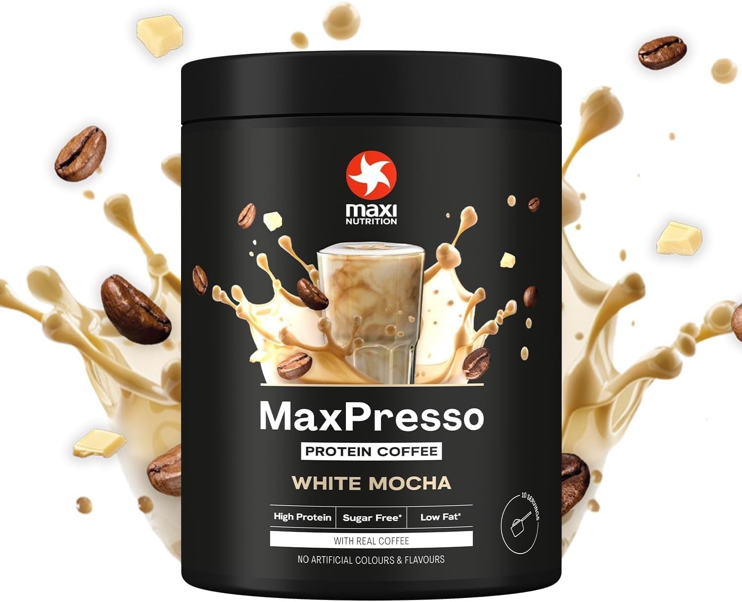 پودر پروتئین وی مکسی نوتریشن مدل MaxPresso، ۳۰۰ گرم، طعم موکای سفید