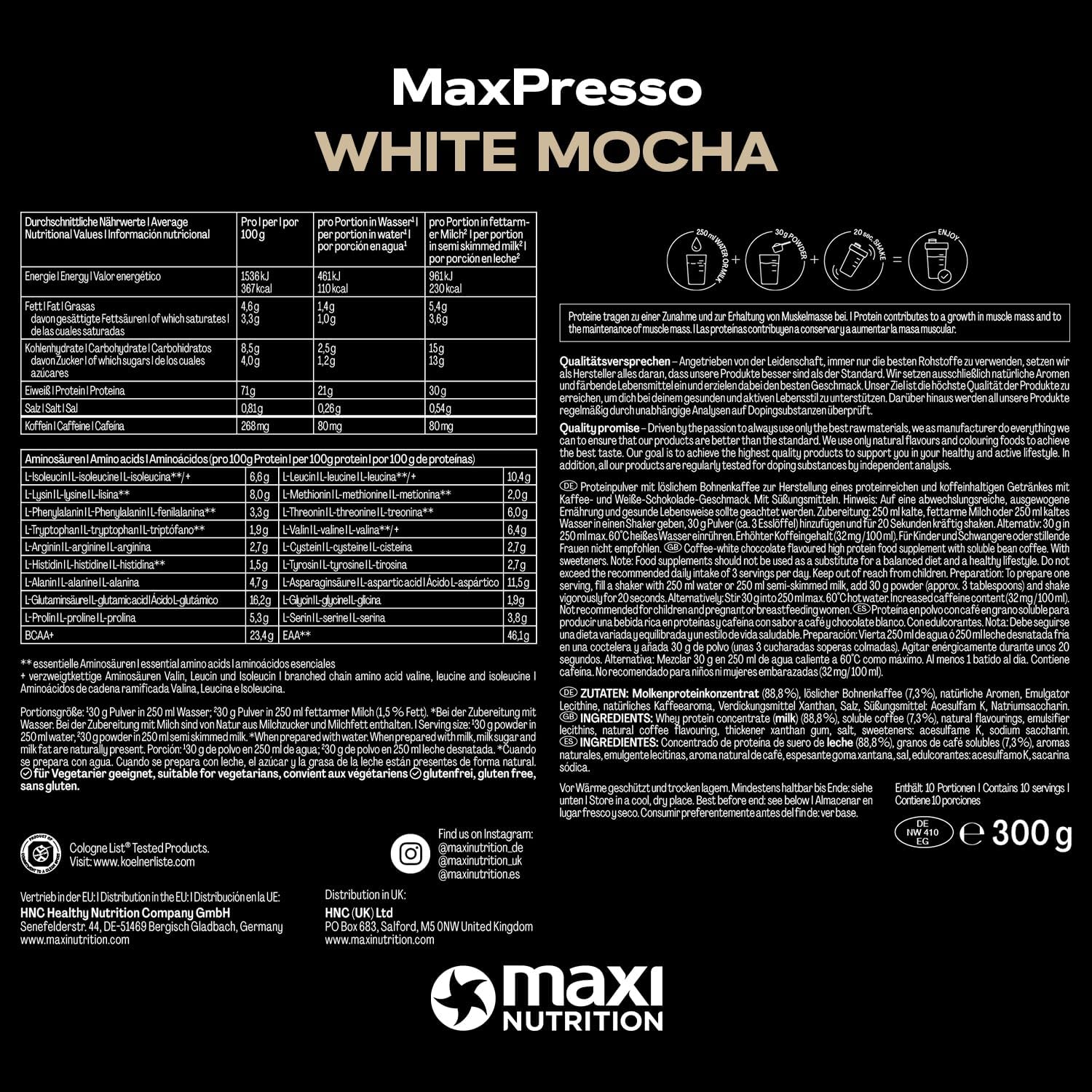 پودر پروتئین وی مکسی نوتریشن مدل MaxPresso، ۳۰۰ گرم، طعم موکای سفید