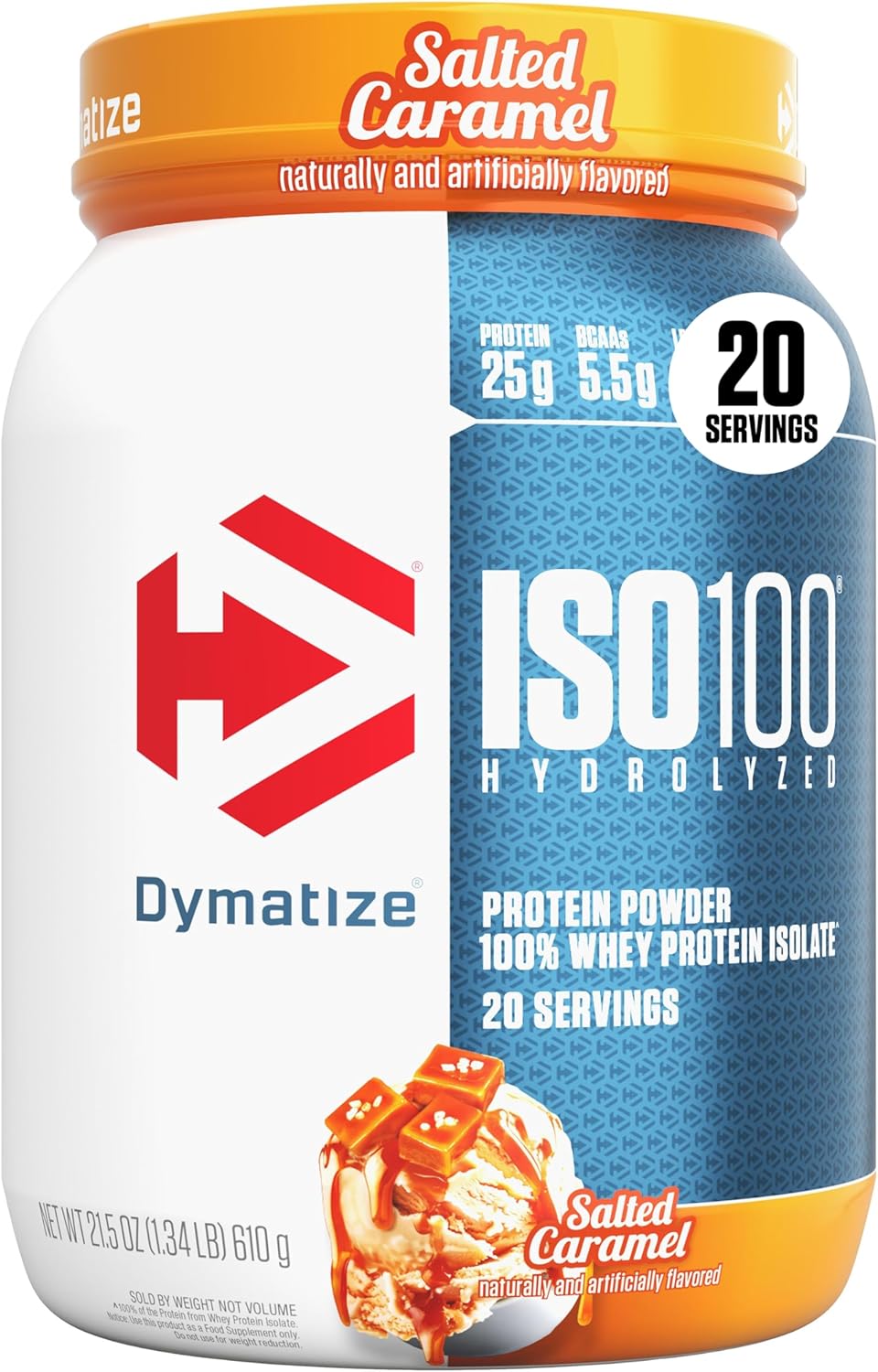 پودر پروتئین وی ایزوله دایماتایز مدل ISO100، ۲۵ گرم پروتئین در هر سروینگ، ۲۰ سروینگ، طعم کارامل نمکی