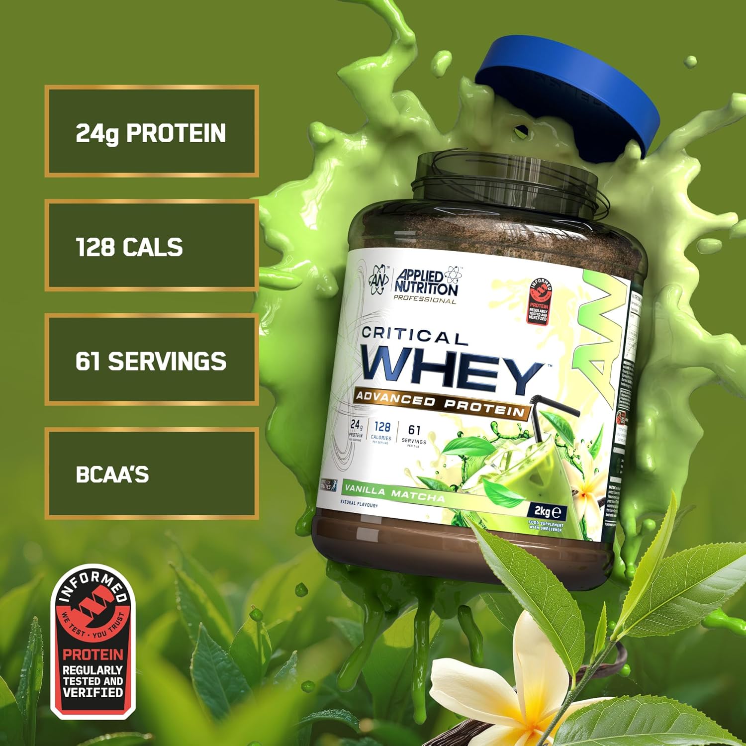 پودر پروتئین وی اپلاید نوتریشن مدل Critical Whey، ۲۴ گرم پروتئین در هر سروینگ، ۲ کیلوگرم، طعم وانیل ماچا
