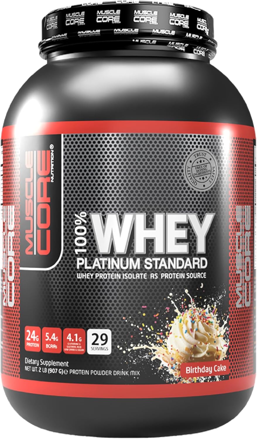 پودر پروتئین وی ماسل کور نوتریشن مدل Whey Platinum Standard، ۲۴ گرم پروتئین، ۲ پوند و طعم کیک تولد