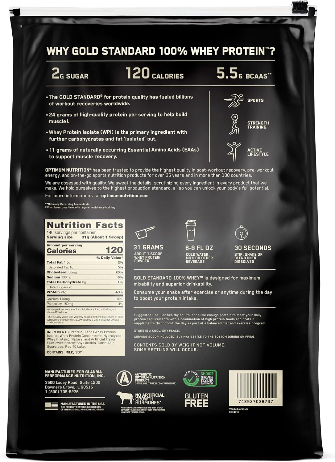 پودر پروتئین وی اپتیموم نوتریشن مدل Gold Standard 100% Whey، ۲۴ گرم پروتئین، ۴.۵۳ کیلوگرم و طعم توت‌فرنگی