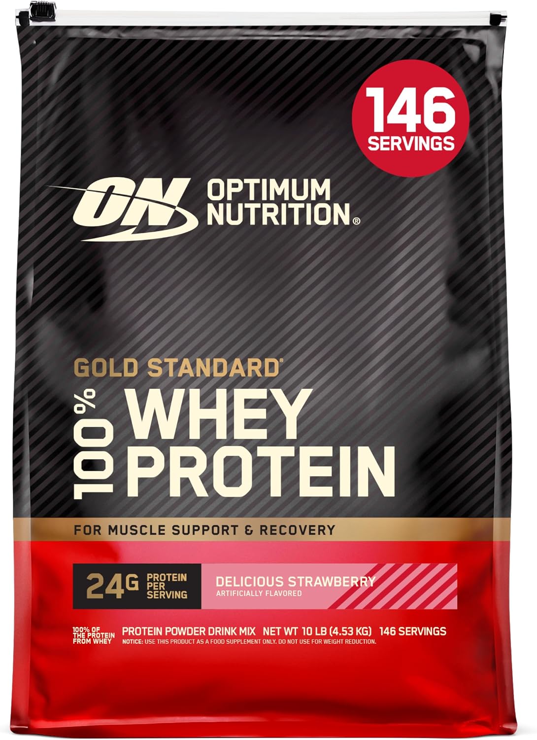 پودر پروتئین وی اپتیموم نوتریشن مدل Gold Standard 100% Whey، ۲۴ گرم پروتئین، ۴.۵۳ کیلوگرم و طعم توت‌فرنگی