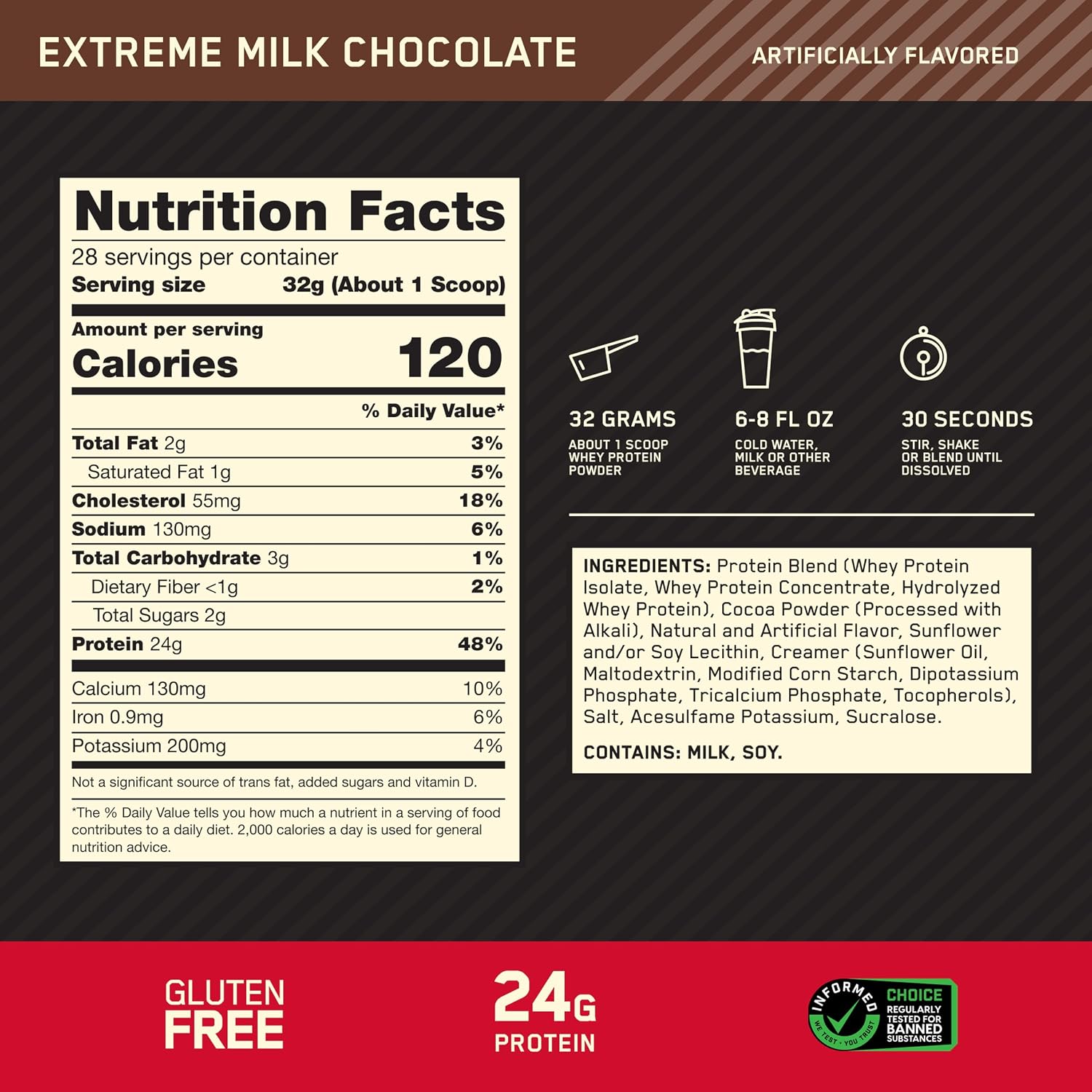 پودر پروتئین وی اپتیموم نوتریشن مدل Gold Standard 100% Whey، ۲۴ گرم پروتئین، ۹۰۷ گرم و طعم شکلات شیری