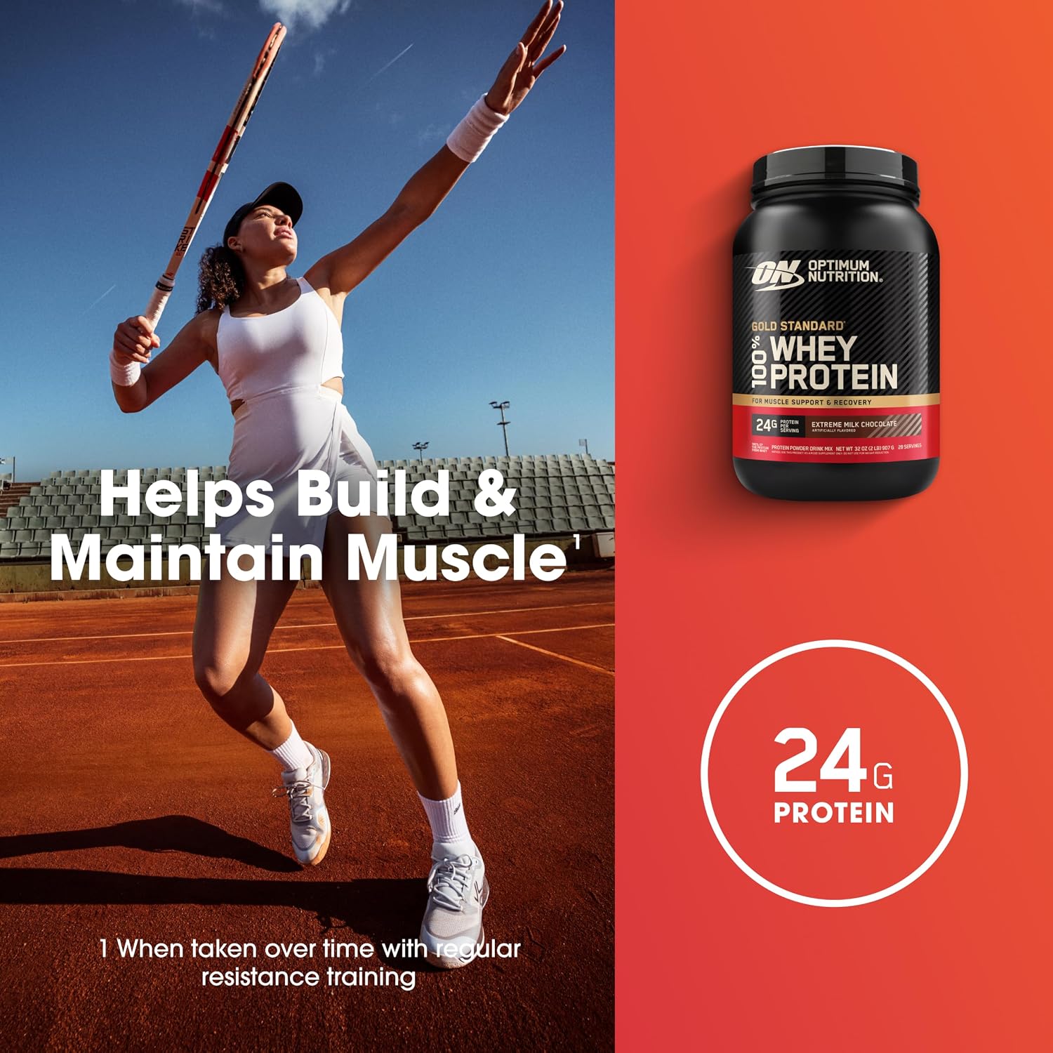 پودر پروتئین وی اپتیموم نوتریشن مدل Gold Standard 100% Whey، ۲۴ گرم پروتئین، ۹۰۷ گرم و طعم شکلات شیری