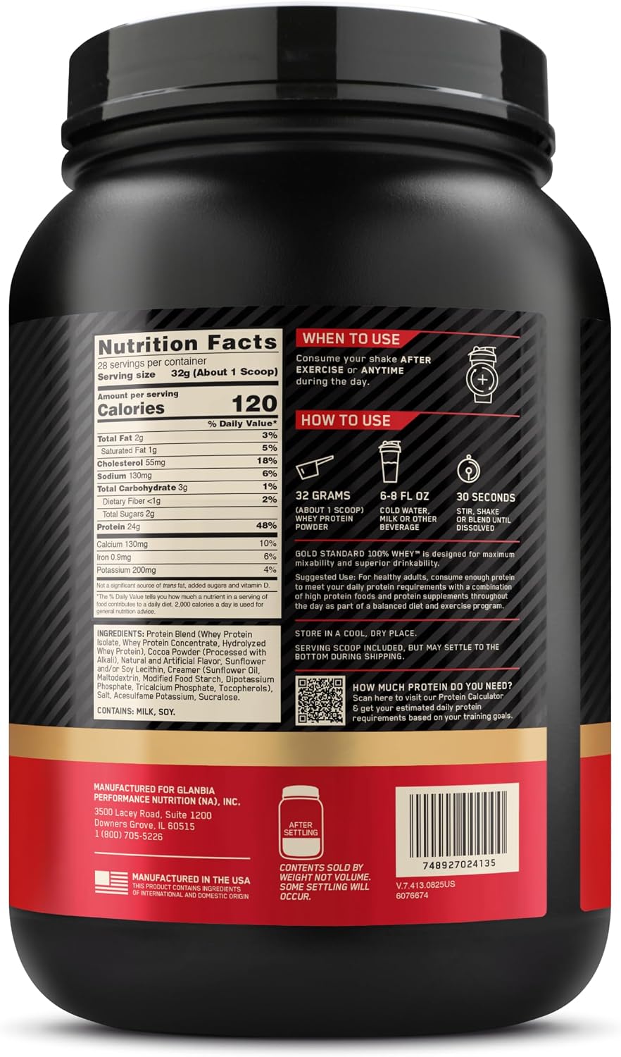 پودر پروتئین وی اپتیموم نوتریشن مدل Gold Standard 100% Whey، ۲۴ گرم پروتئین، ۹۰۷ گرم و طعم شکلات شیری