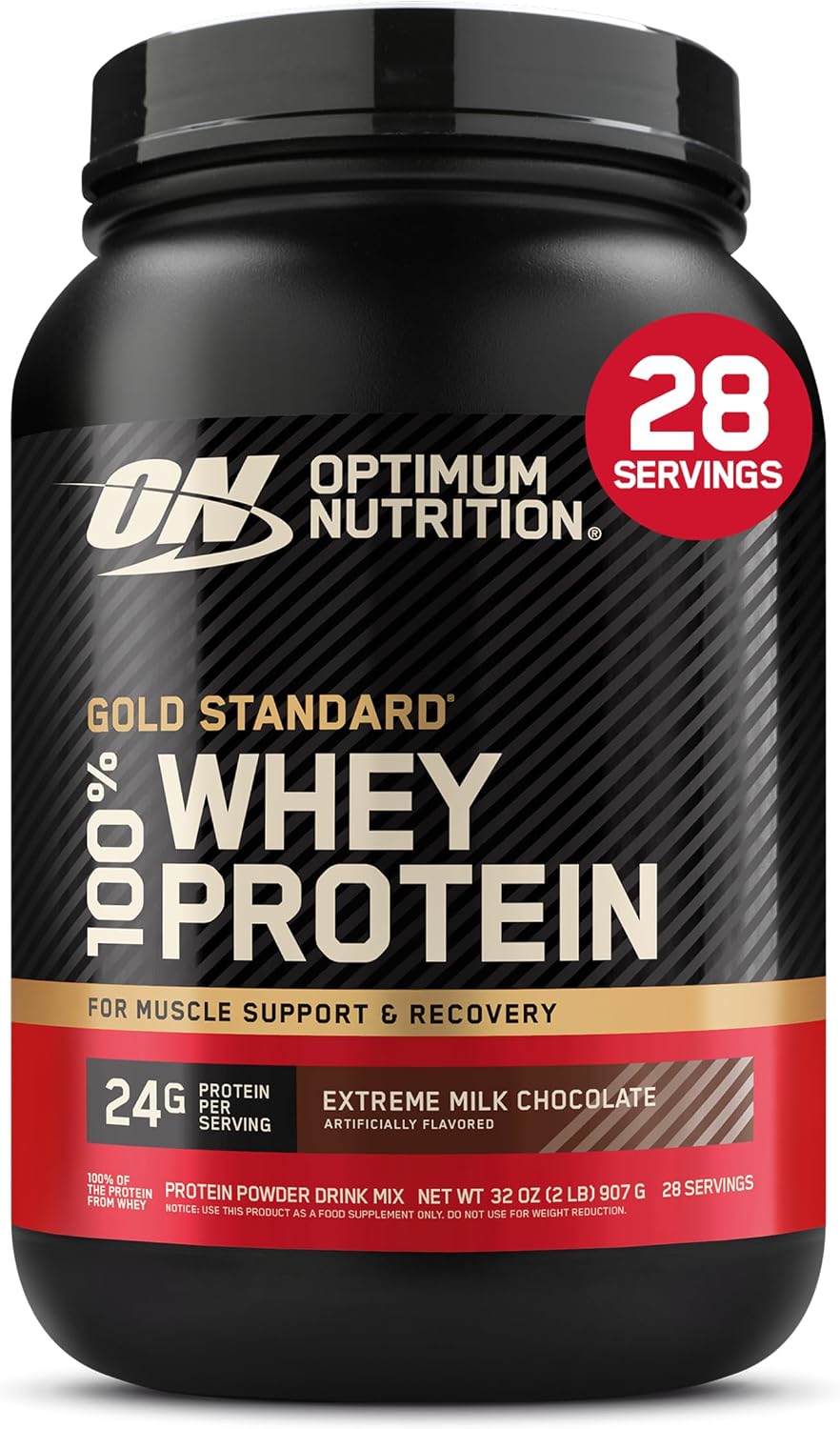 پودر پروتئین وی اپتیموم نوتریشن مدل Gold Standard 100% Whey، ۲۴ گرم پروتئین، ۹۰۷ گرم و طعم شکلات شیری