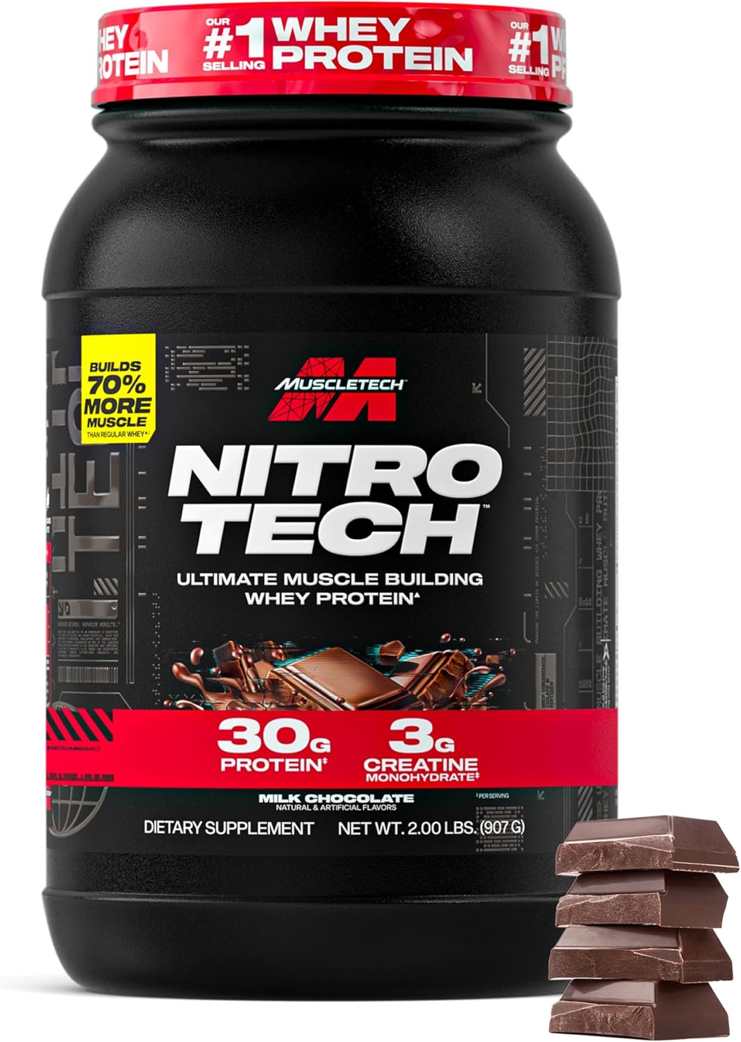 پودر پروتئین وی ایزوله ماسل‌تک مدل Nitro-Tech، ۳۰ گرم پروتئین، ۹۹۸ گرم و طعم شکلات