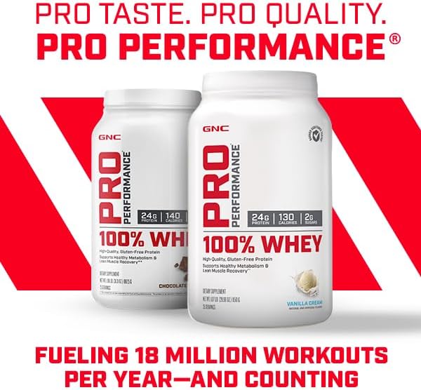 پودر پروتئین وی جی‌ان‌سی مدل Pro Performance 100% Whey، ۲۵ گرم پروتئین، ۲۵ سروینگ و طعم کره بادام‌زمینی