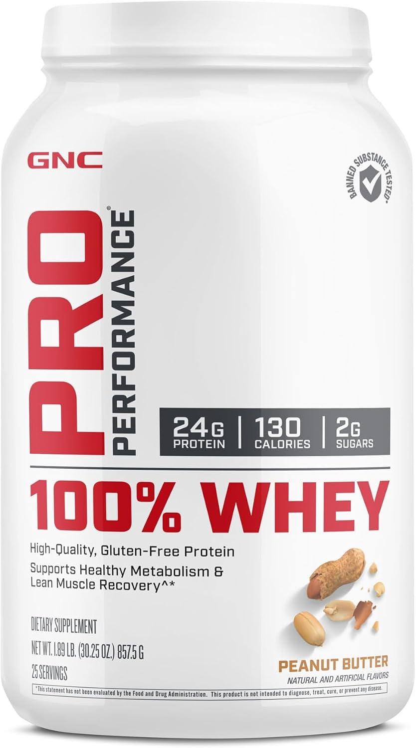 پودر پروتئین وی جی‌ان‌سی مدل Pro Performance 100% Whey، ۲۵ گرم پروتئین، ۲۵ سروینگ و طعم کره بادام‌زمینی