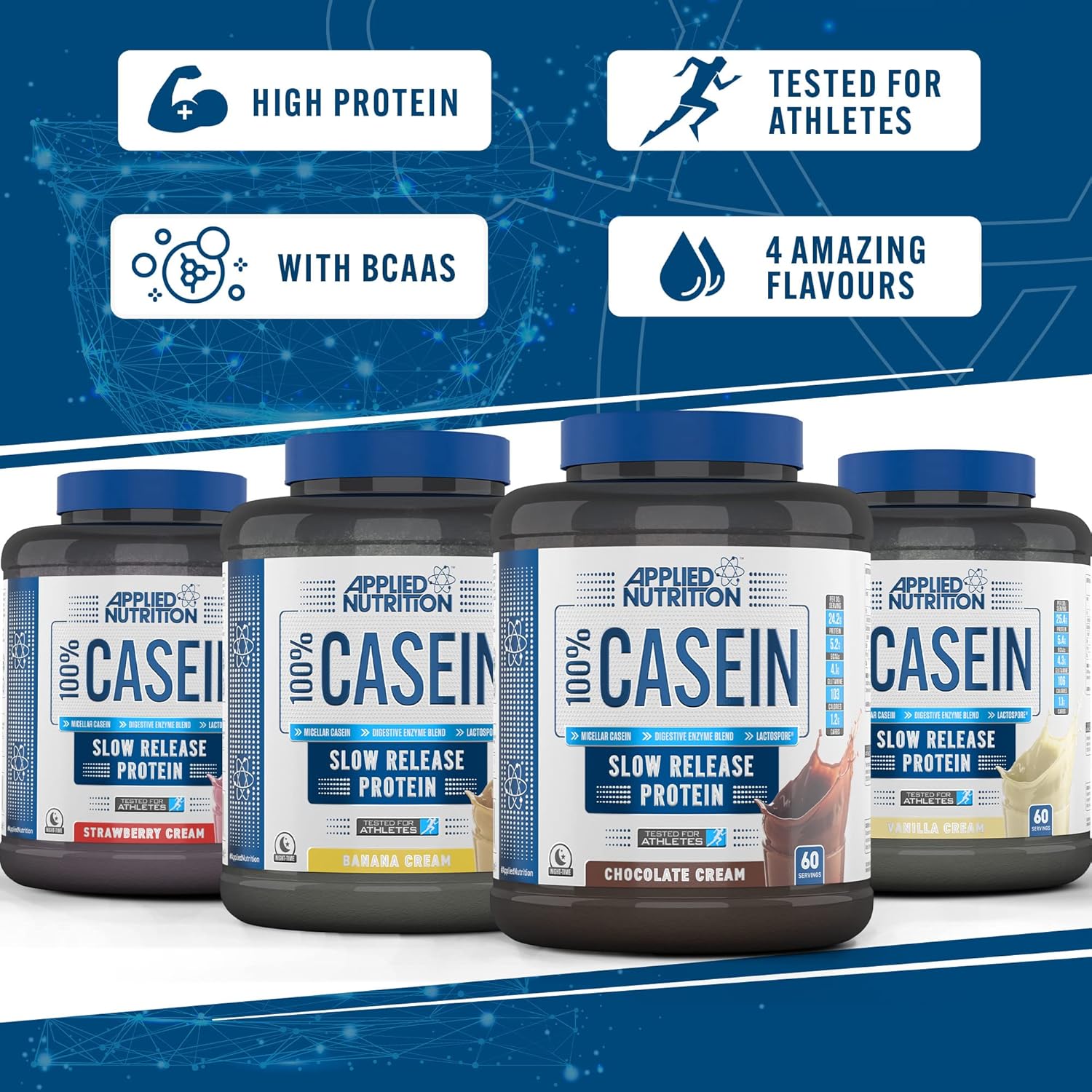 پودر پروتئین کازئین اپلاید نوتریشن مدل Casein، ۱.۸ کیلوگرم و طعم کرم توت‌فرنگی