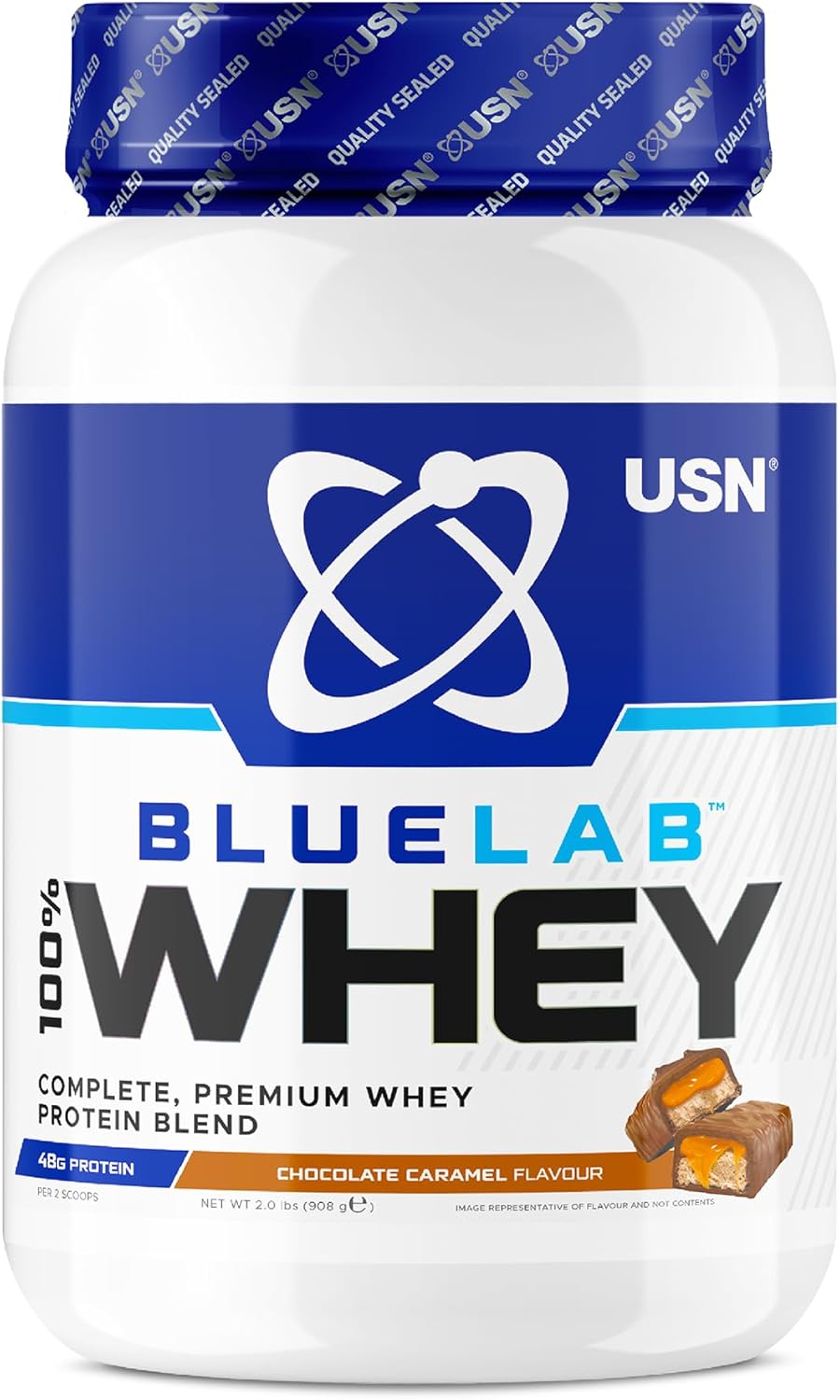 پودر پروتئین وی یو‌اس‌ان مدل Blue Lab Whey، ۲۴ گرم پروتئین و طعم شکلات کارامل