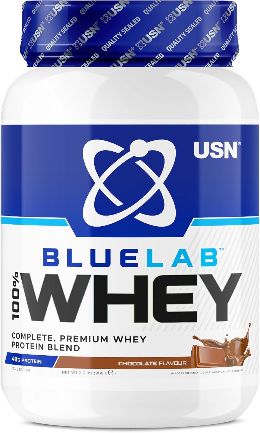 پودر پروتئین وی یو‌اس‌ان مدل Blue Lab Whey، ۲۴ گرم پروتئین و طعم شکلات
