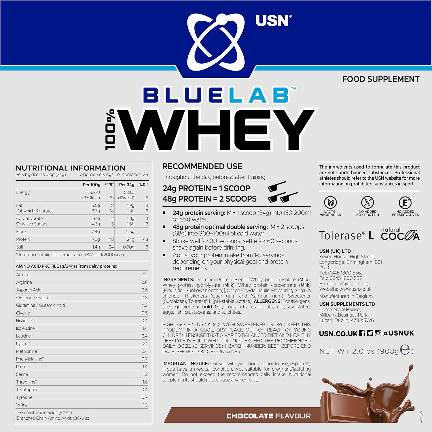 پودر پروتئین وی یو‌اس‌ان مدل Blue Lab Whey، ۲۴ گرم پروتئین و طعم شکلات