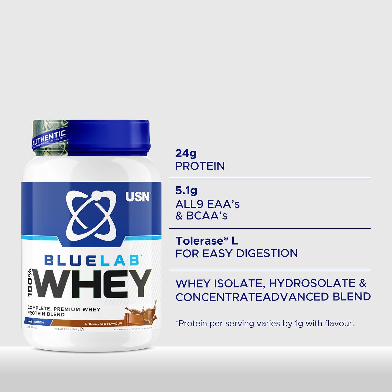 پودر پروتئین وی یو‌اس‌ان مدل Blue Lab Whey، ۲۴ گرم پروتئین و طعم شکلات