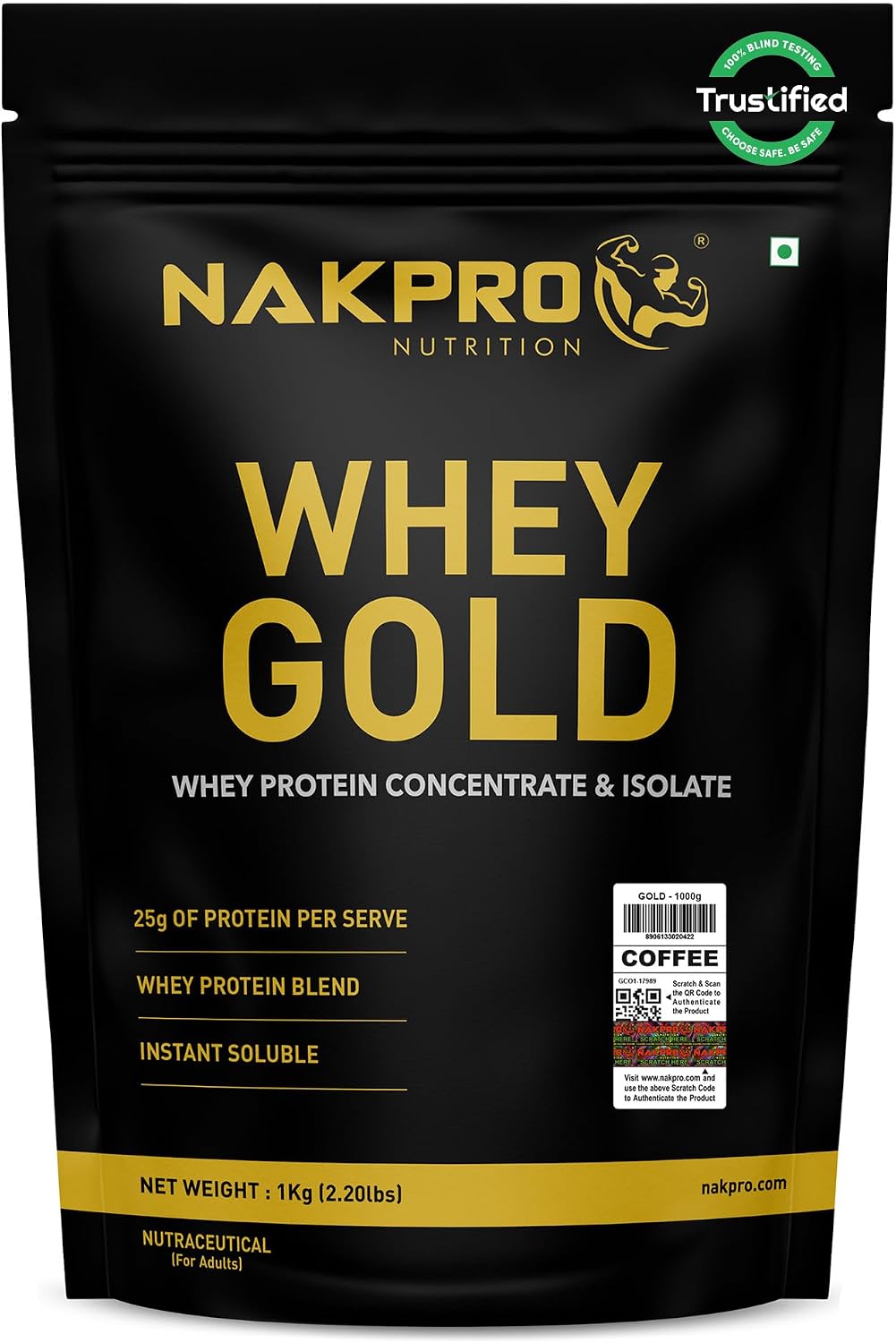 پودر پروتئین وی ناک‌پرو مدل Gold Whey، ۲۵.۵ گرم پروتئین، ۱ کیلوگرم و طعم قهوه