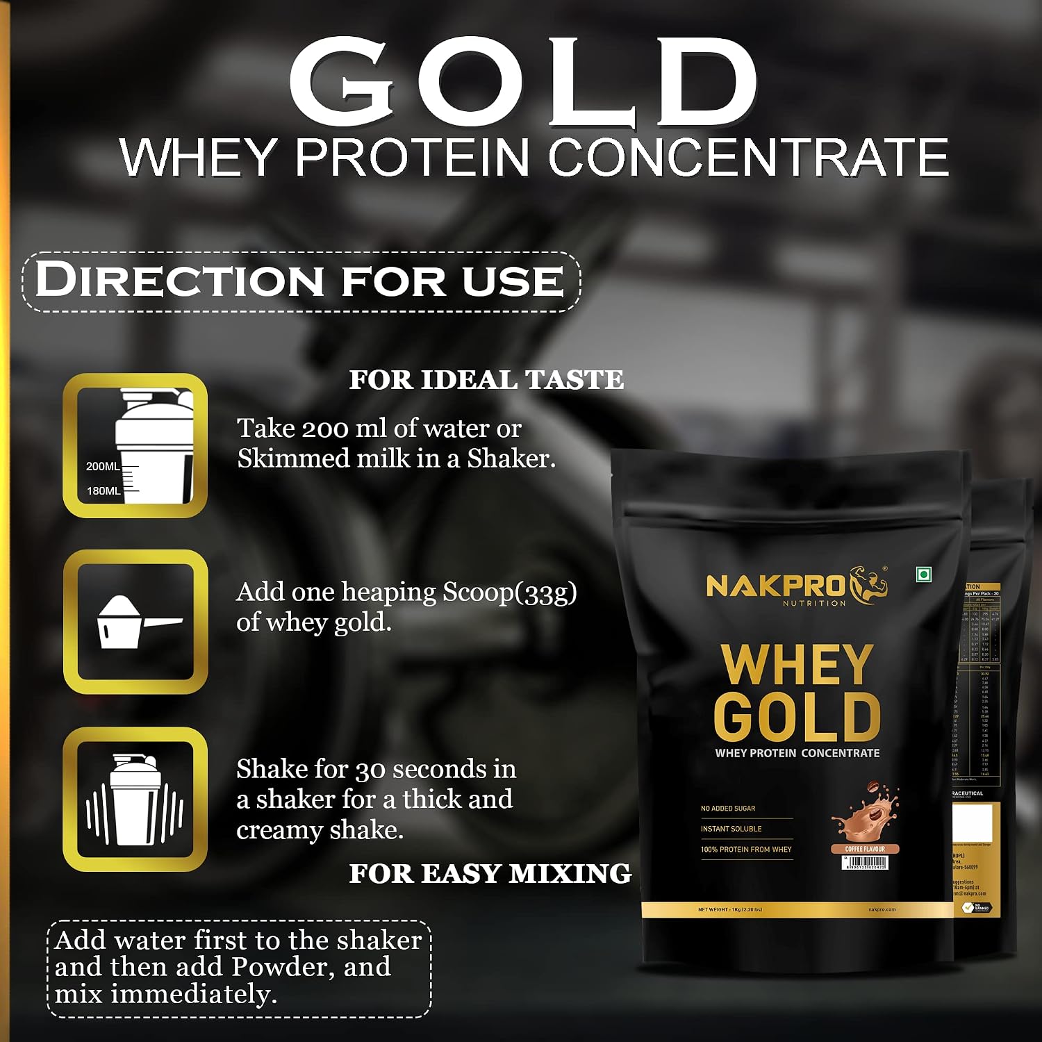 پودر پروتئین وی ناک‌پرو مدل Gold Whey، ۲۵.۵ گرم پروتئین، ۱ کیلوگرم و طعم قهوه