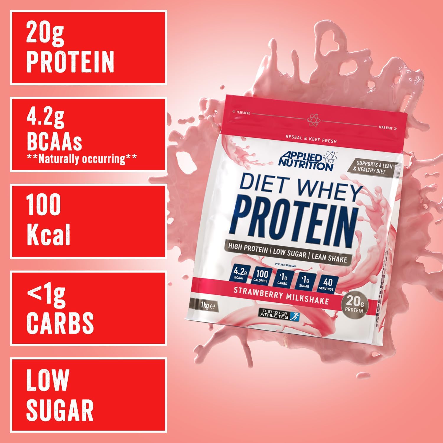پودر پروتئین وی اپلاید نوتریشن مدل Diet Whey، ۱ کیلوگرم و طعم میلک‌شیک توت‌فرنگی
