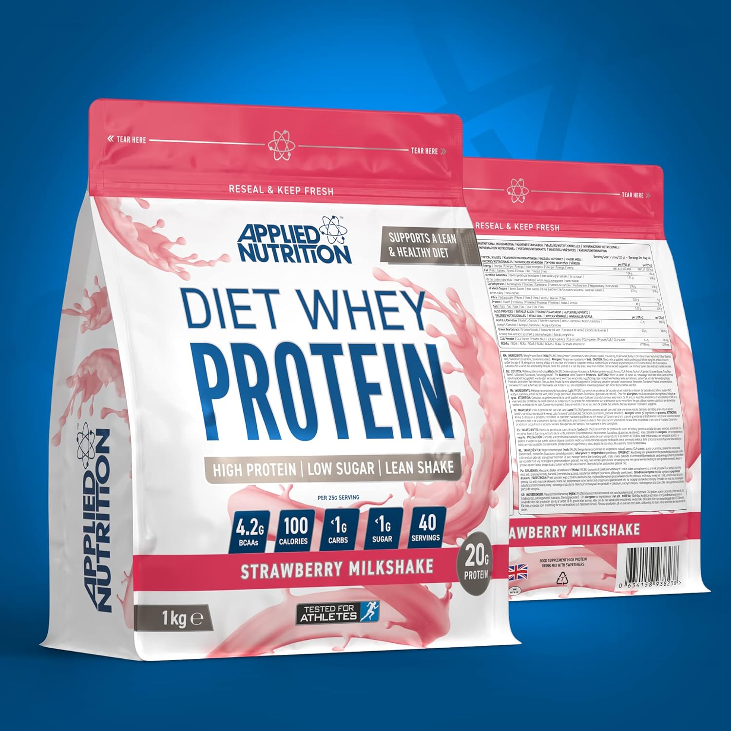 پودر پروتئین وی اپلاید نوتریشن مدل Diet Whey، ۱ کیلوگرم و طعم میلک‌شیک توت‌فرنگی