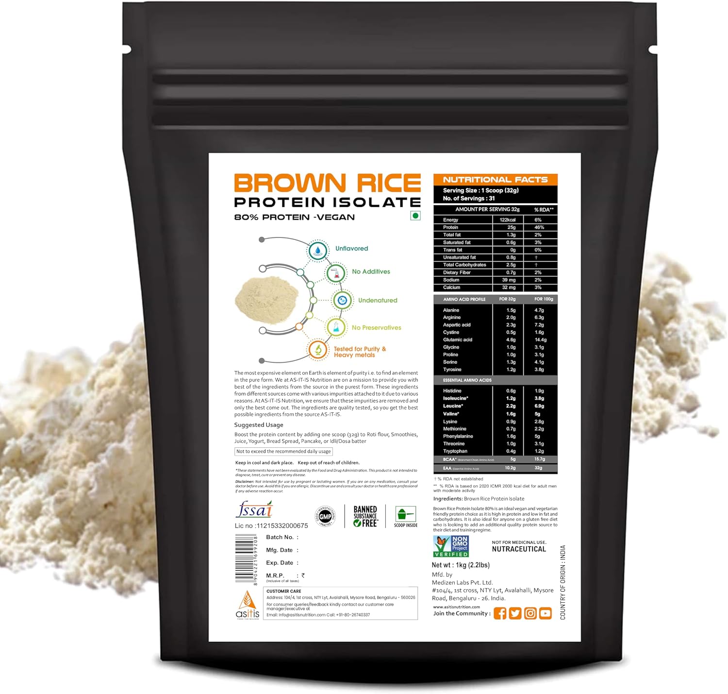 پودر پروتئین گیاهی از ایت ایز نوتریشن مدل Brown Rice Protein، ۲۵ گرم پروتئین و بدون طعم