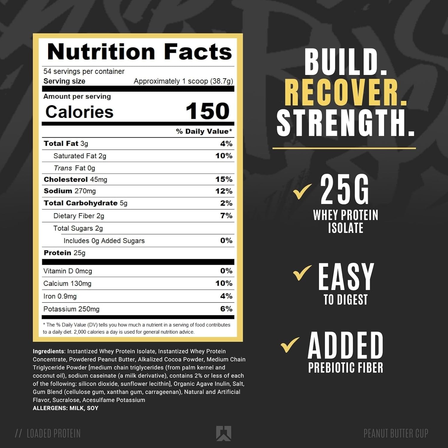 پودر پروتئین وی ایزوله رایز ساپلیمنتس مدل Loaded Whey، ۲۵ گرم پروتئین، ۵۴ سروینگ و طعم شکلات و کره بادام‌زمینی